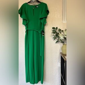 DKNY Green Flutter Sleeve Wide Leg Tie Belt Jumpsuit